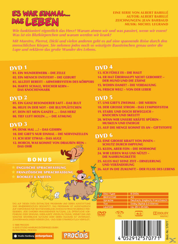 Rückseite der DVD mit Zeichentrickfiguren, Titeln und Episodenlisten. Gelber Hintergrund.