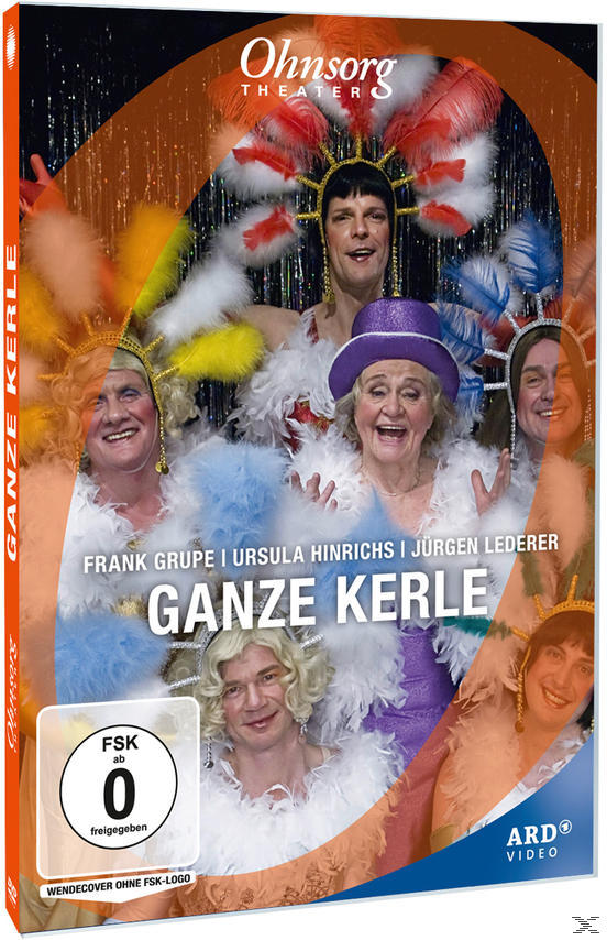DVD-Cover von 'Ganze Kerle' mit Männern in Drag, Federn und Make-up.