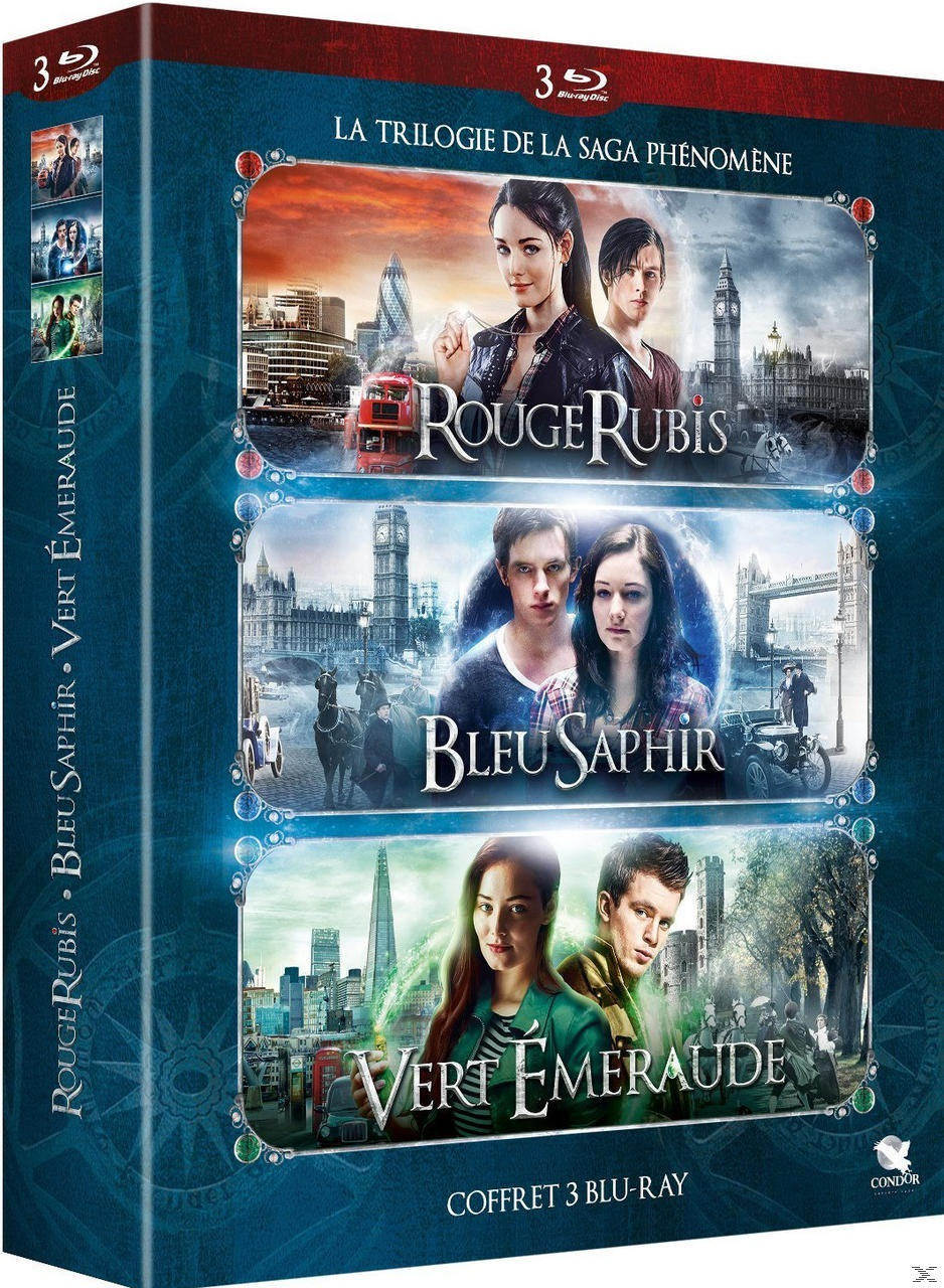 Un coffret Blu-ray avec trois films : Rouge Rubis, Bleu Saphir et Vert Émeraude. Chaque couverture montre des acteurs et des paysages urbains.