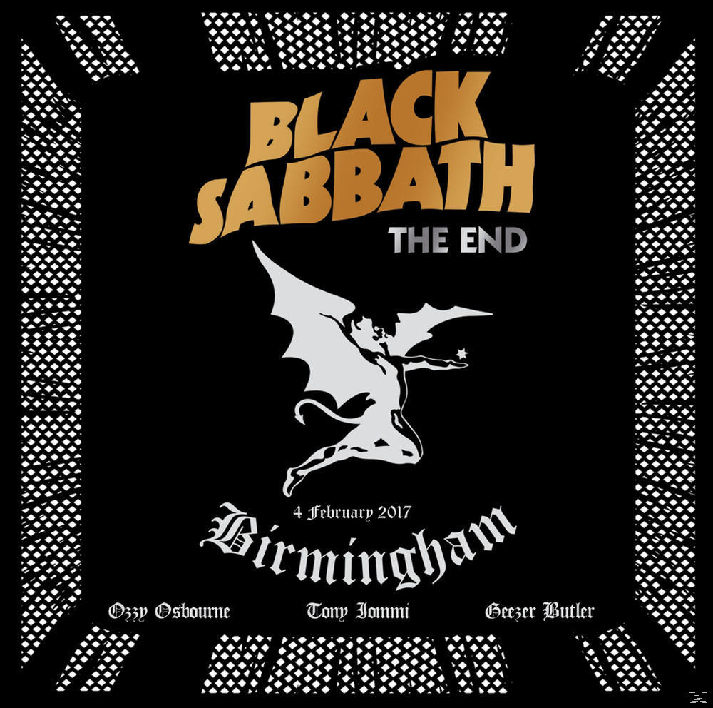 Pochette de l'album Black Sabbath. Fond noir, figure blanche en forme de chauve-souris. Texte : The End, Birmingham.