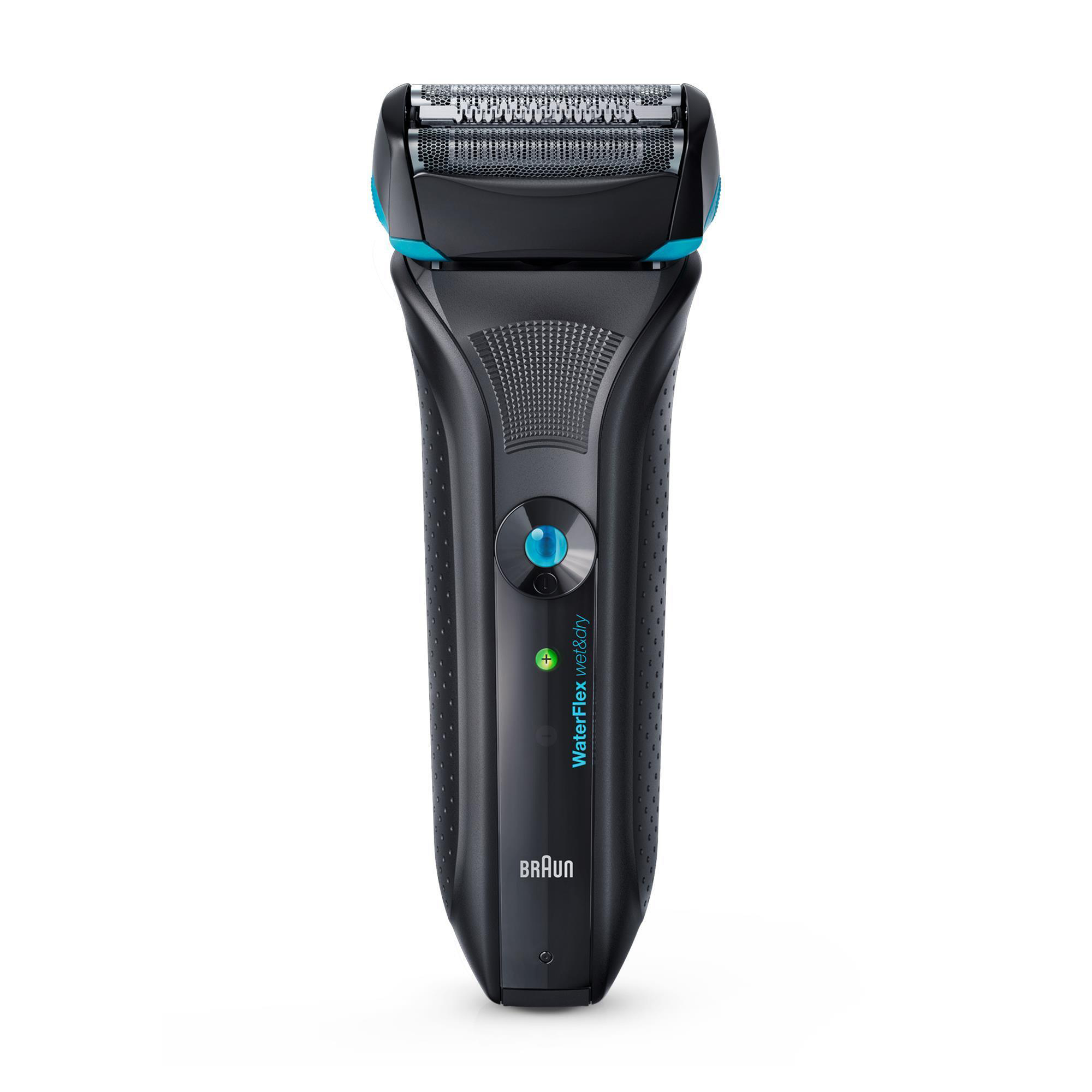 Ein schwarzer Braun WaterFlex Wet&Dry Elektrorasierer mit blauen Akzenten und grünem Licht.