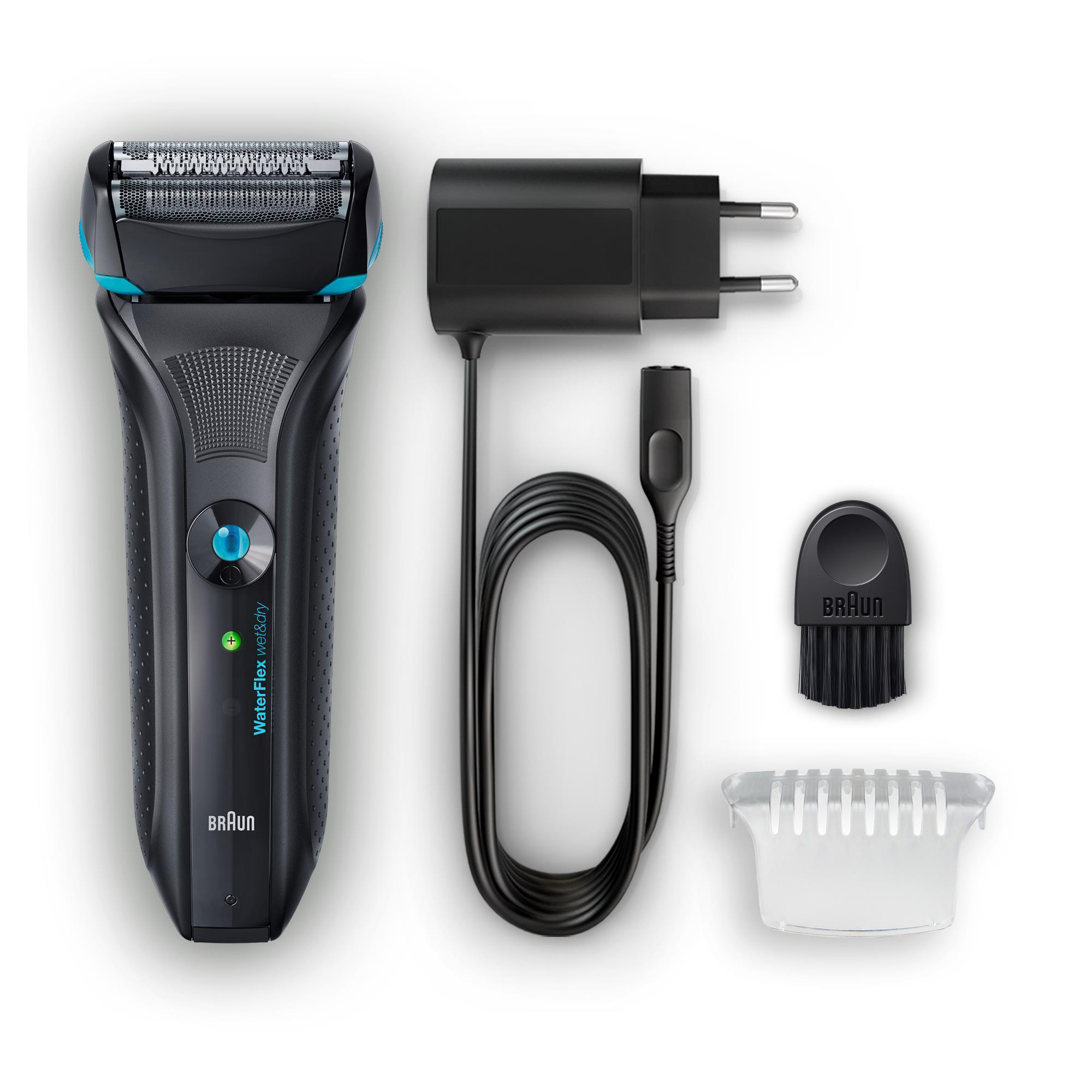 Ein Braun WaterFlex Rasierer mit Zubehör. Er hat ein schwarz-blaues Design, ein Ladekabel, eine Bürste und eine Reinigungseinheit.