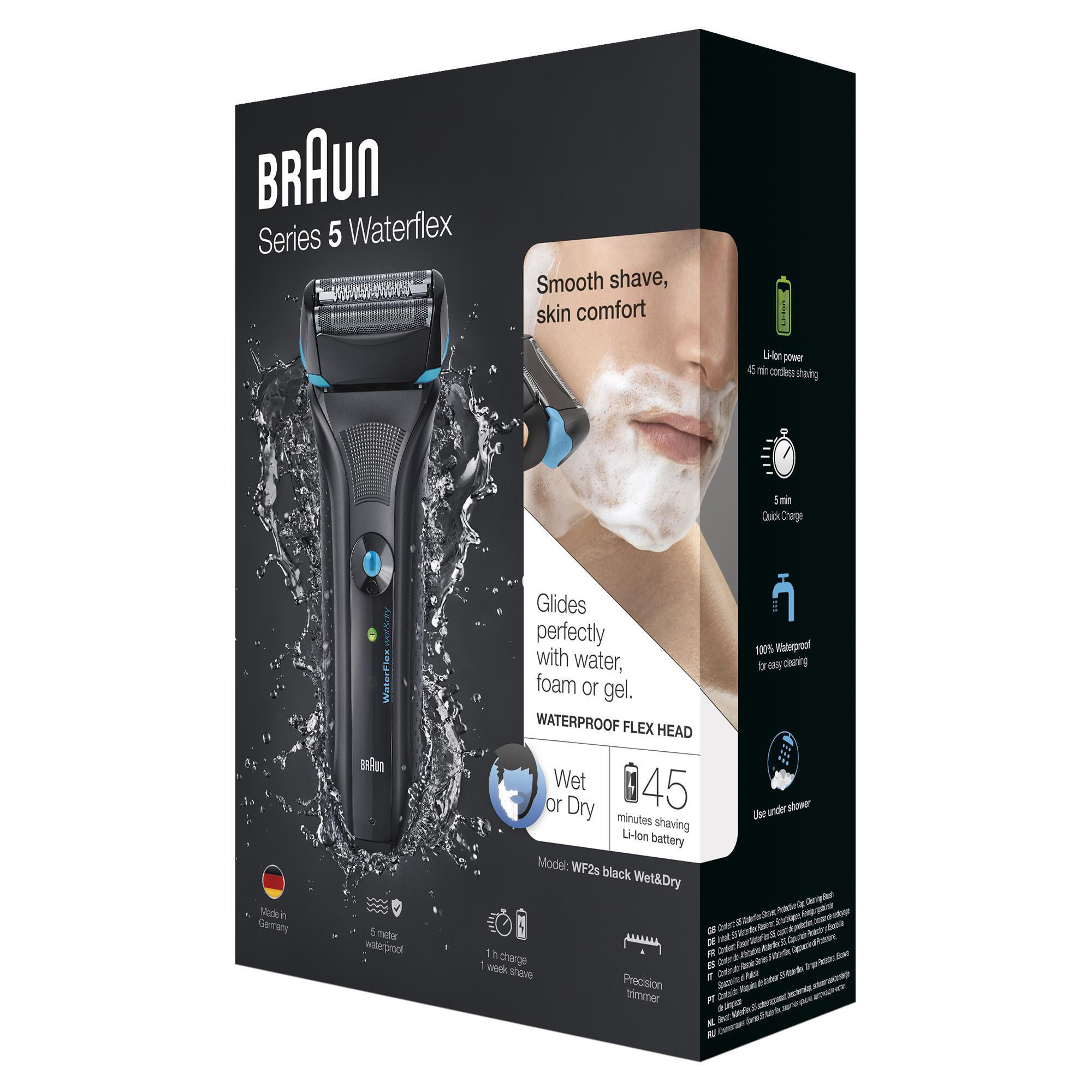 Verpackung eines Braun Series 5 Waterflex Rasierers, mit Bildern und Text.