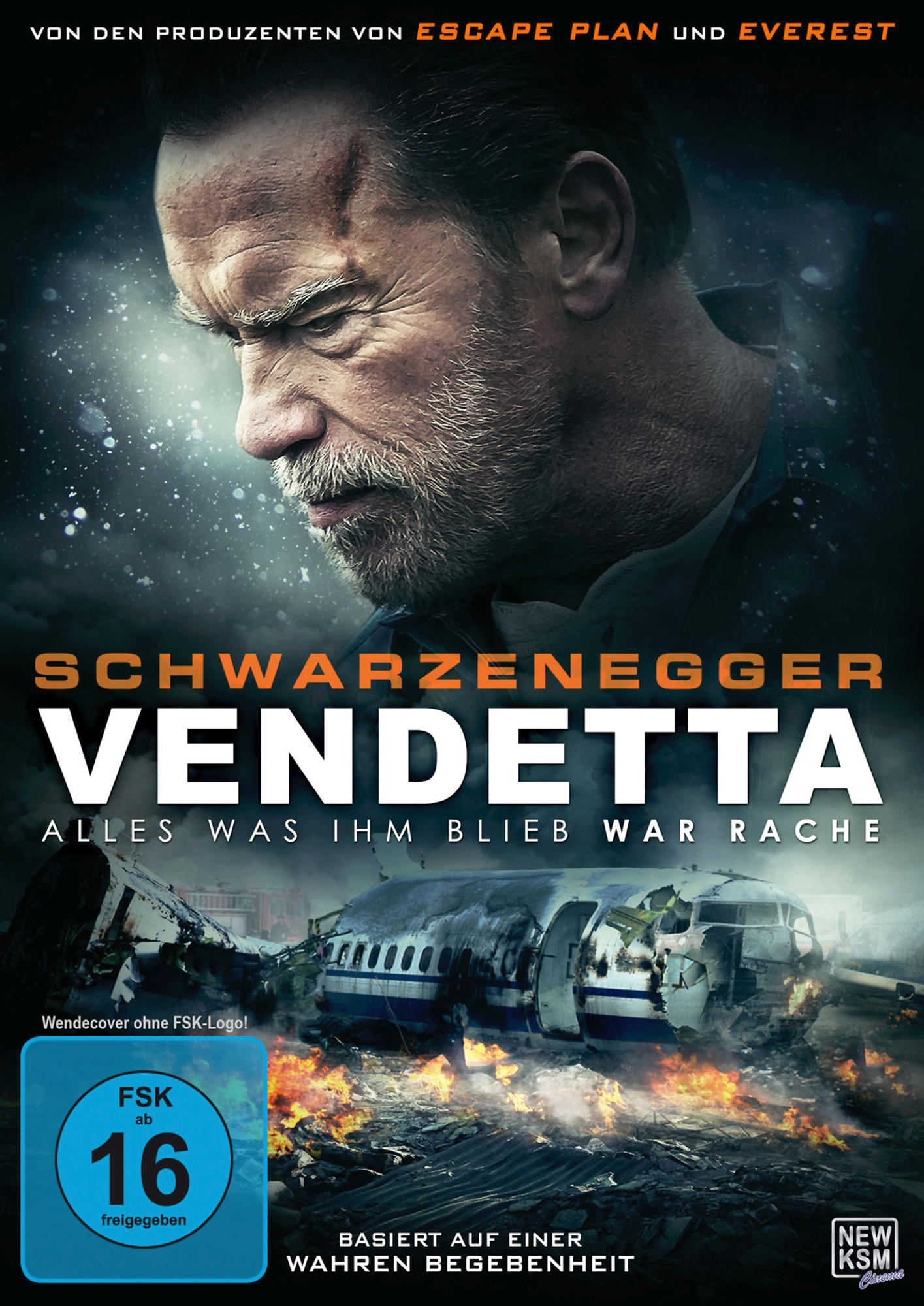 Schwarzenegger-Filmcover. Ein abgestürztes Flugzeug und ein Mann, der mit ernstem Gesicht nach unten schaut.