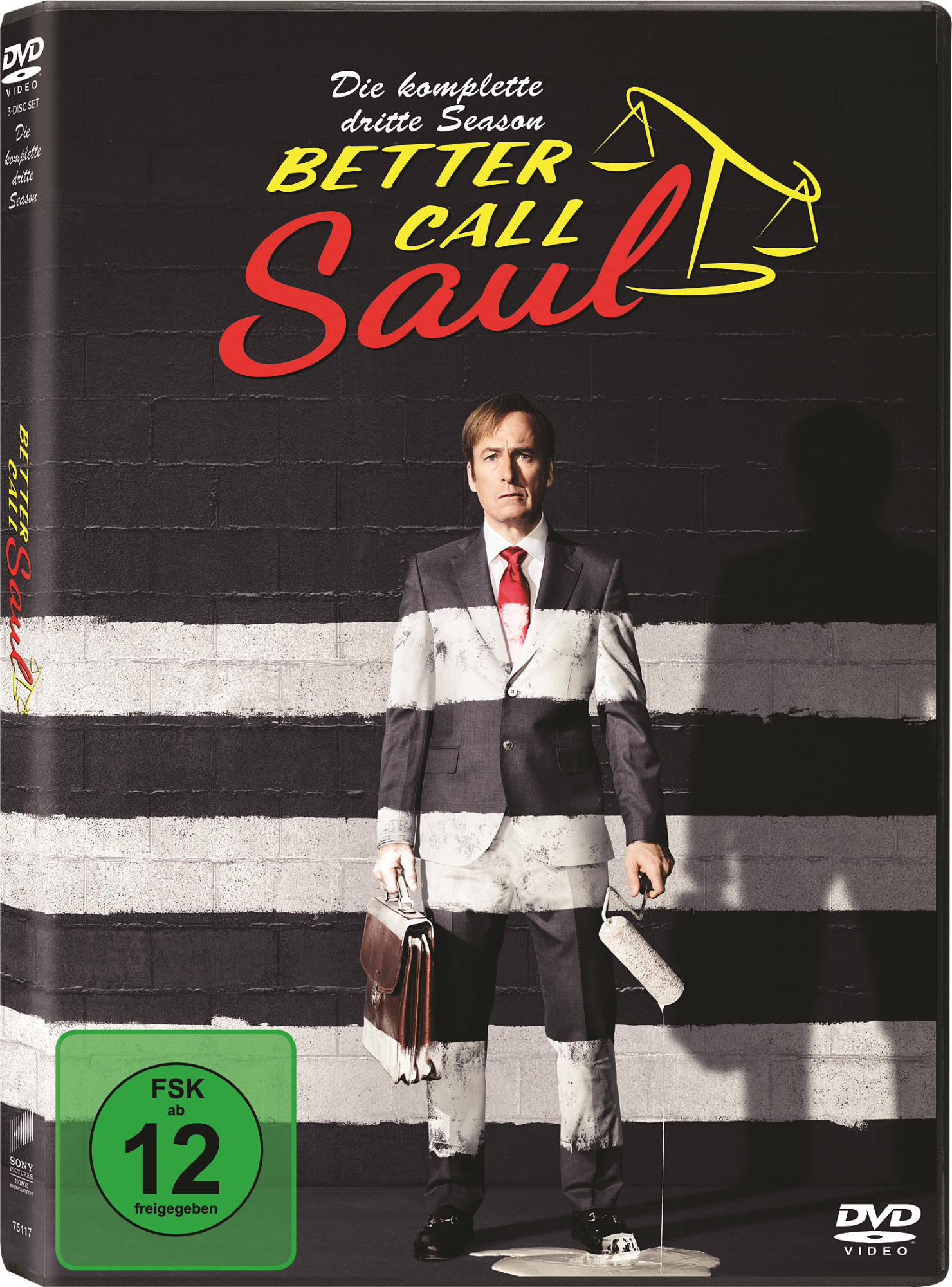 DVD-Cover für Better Call Saul. Hauptfigur in Anzug und Krawatte in einem Gefängnis. Schwarz und weiß.