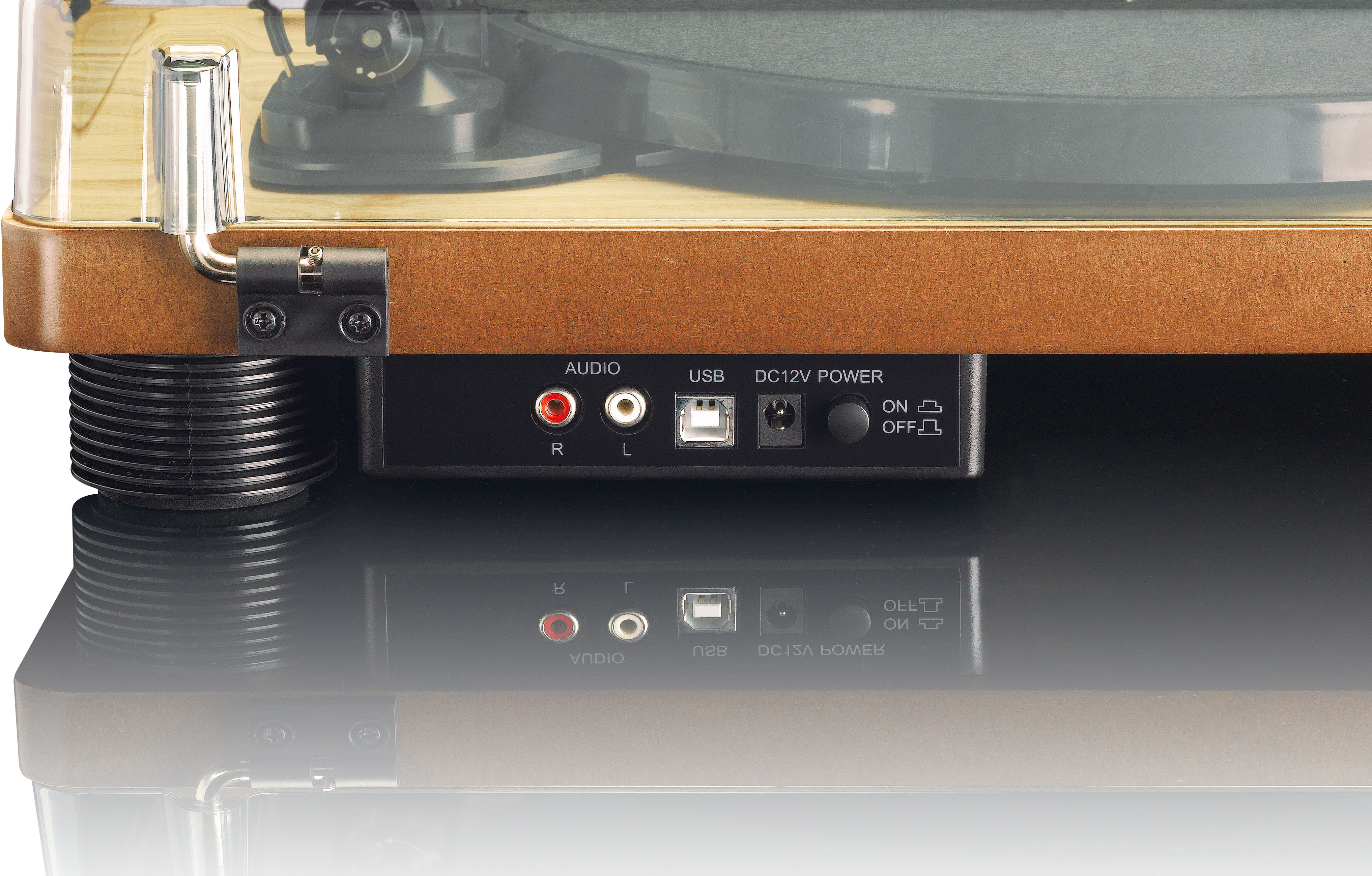 Close-up of turntable back panel with connections for audio, USB, power, and on/off switch.