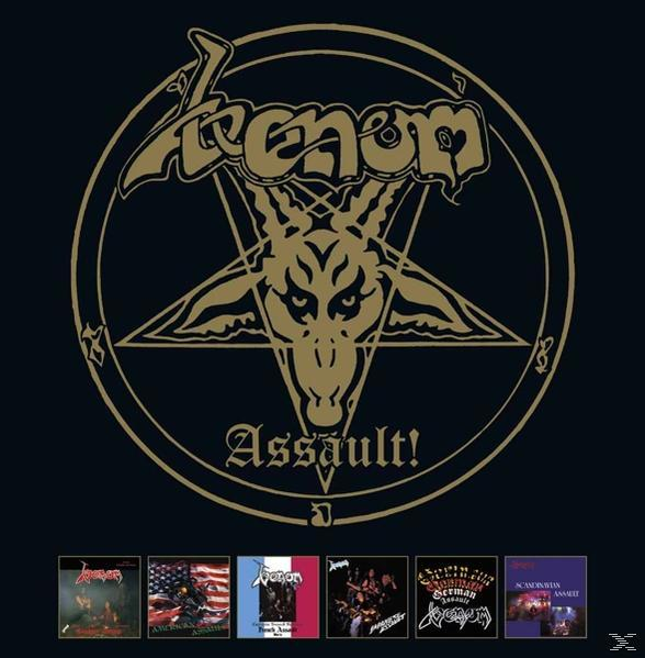 Venom-Albumcover mit Pentagramm und Ziegenschädel. Sechs Albumcover befinden sich am unteren Bildrand.