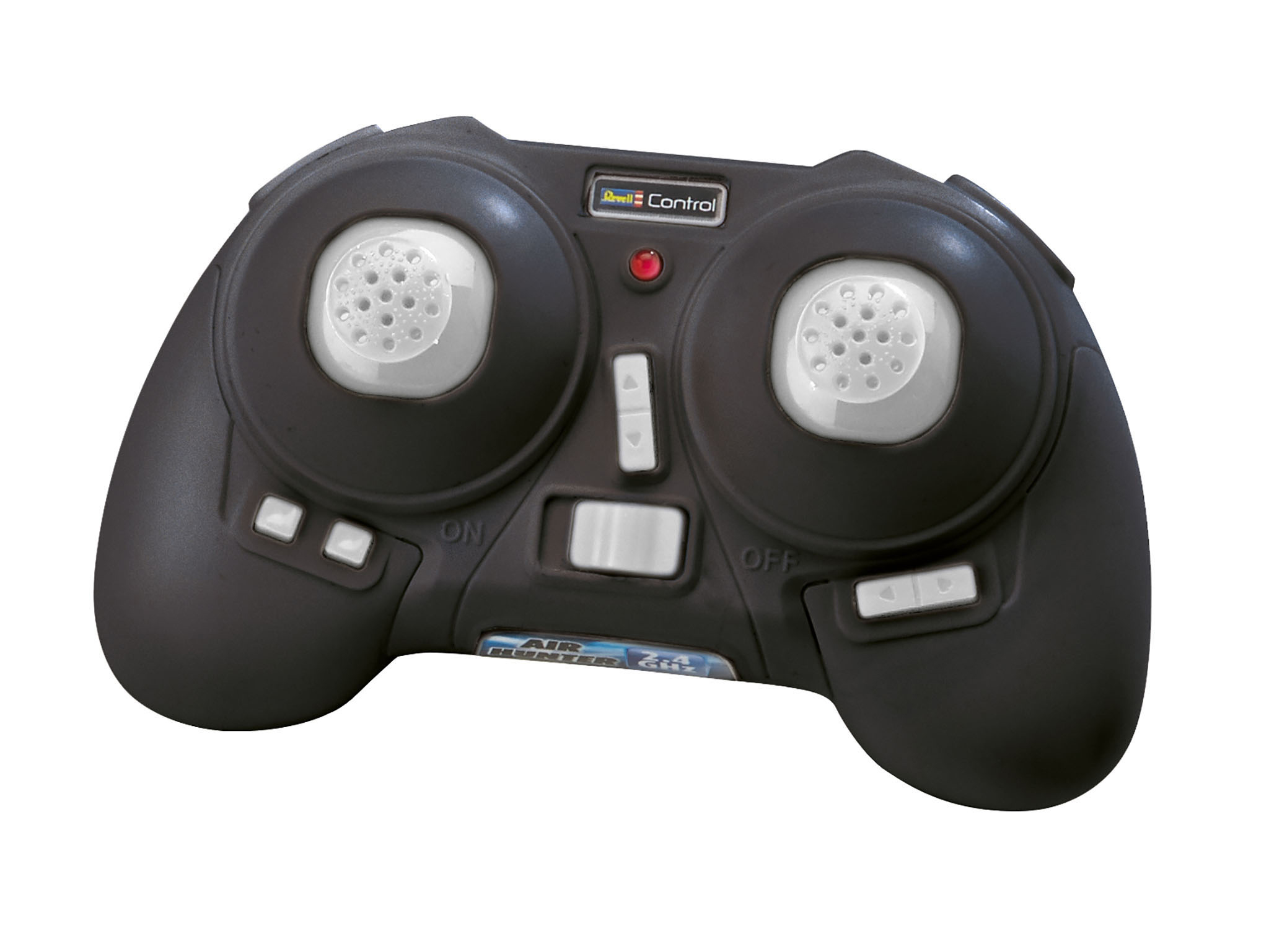 Eine schwarze Fernbedienung für ein Spielzeug mit mehreren Tasten und einem zentralen kreisförmigen Bereich.