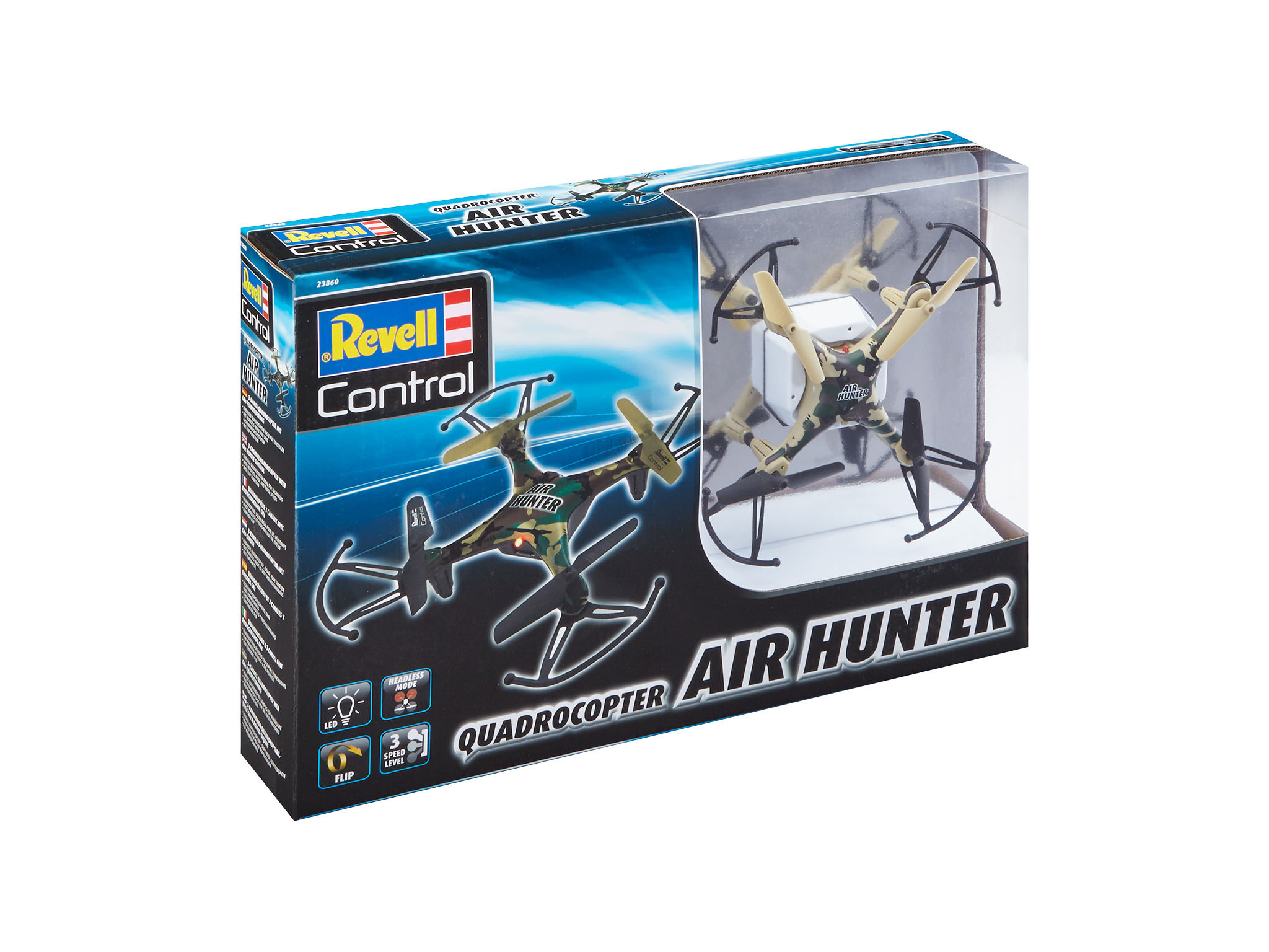 Verpacktes Revell Air Hunter Quadrocopter-Spielzeug. Tarnmuster, klare Sicht auf die Drohne im Inneren.