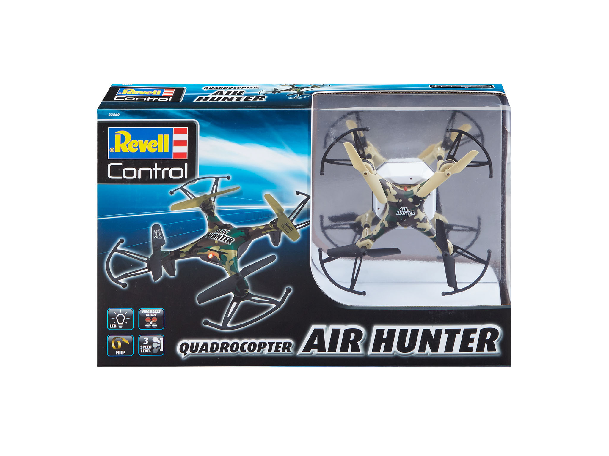 Ein Spielzeugdrohne in einer Box, schwarz, grün und beige. Es hat vier Rotoren und Text 'Air Hunter'.