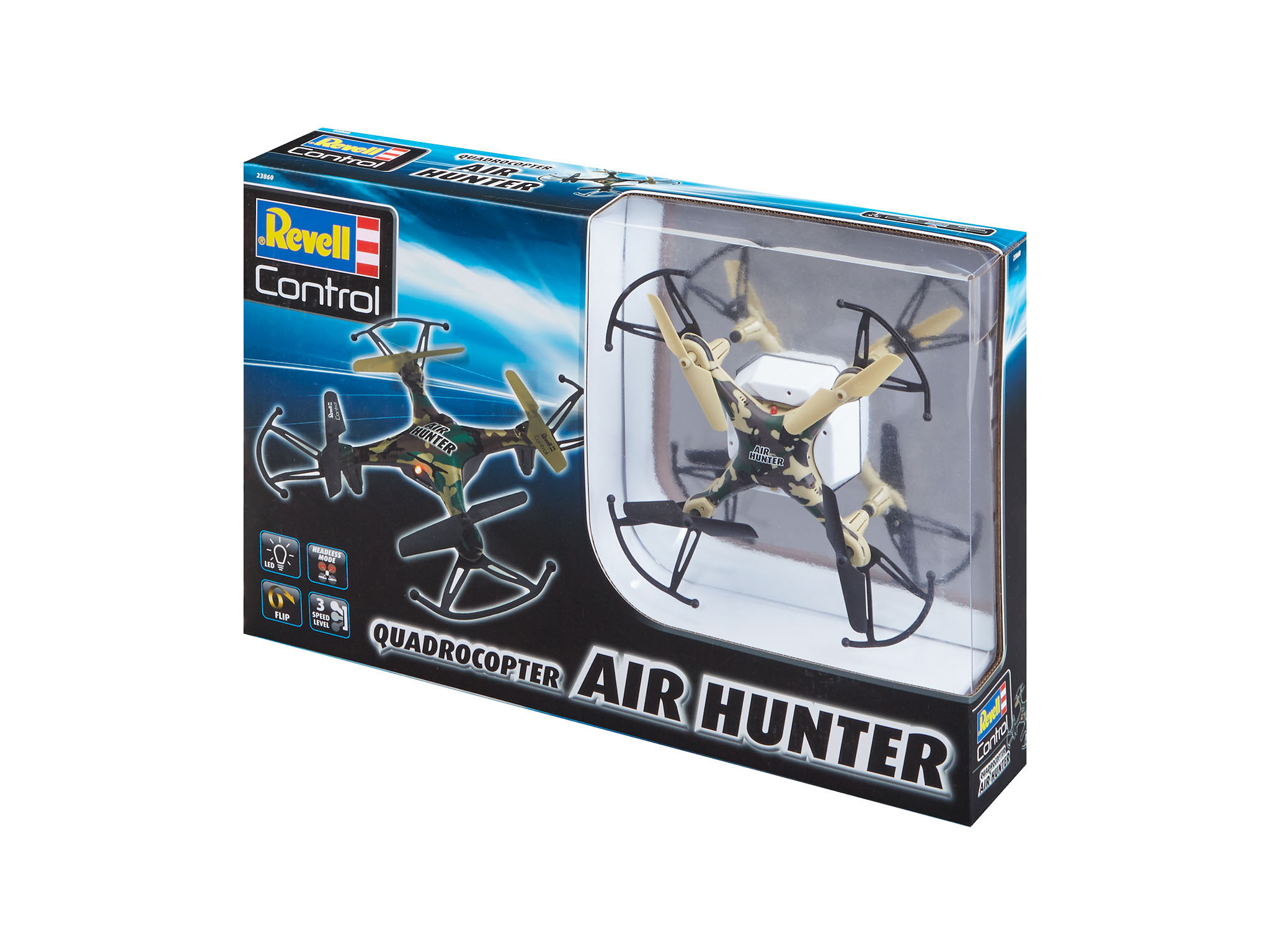 Quadrocopter Air Hunter Drohne in einer transparenten Plastikbox mit Camouflage-Design.