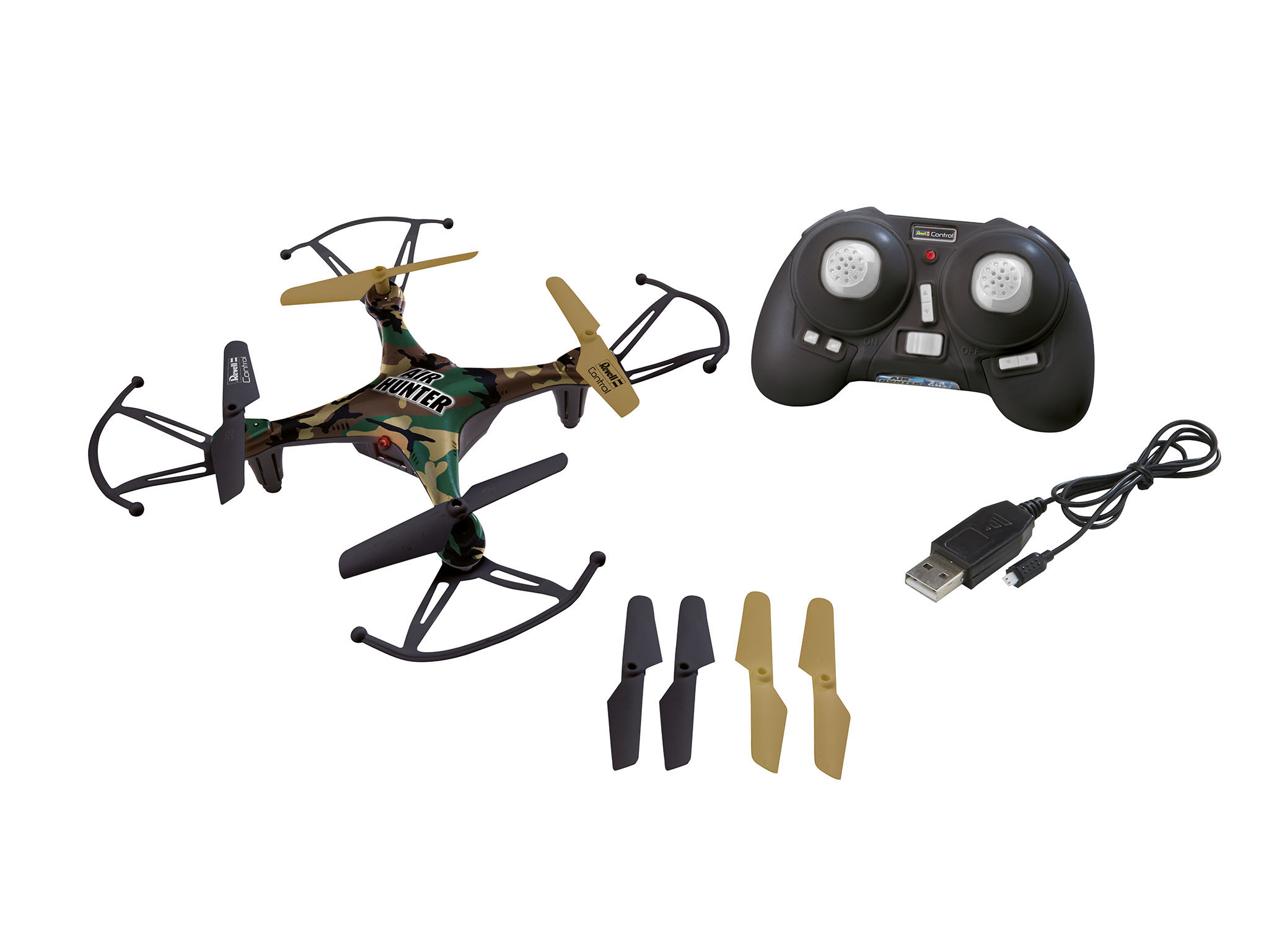 Camouflage-Drohne mit Fernbedienung, zusätzlichen Propellern und USB-Ladekabel.