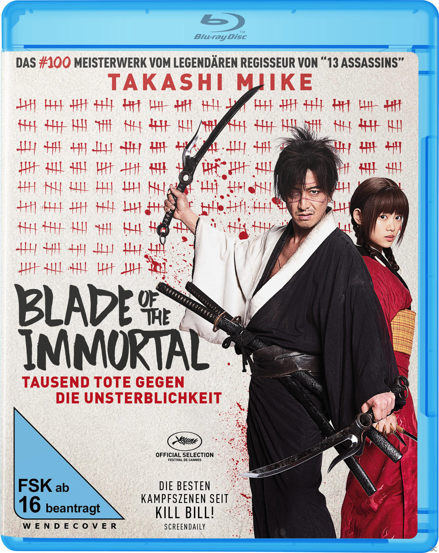 Blu-ray-Disc-Cover für „Blade of the Immortal“ mit japanischen Schauspielern, Schwertern und Text in mehreren Sprachen.