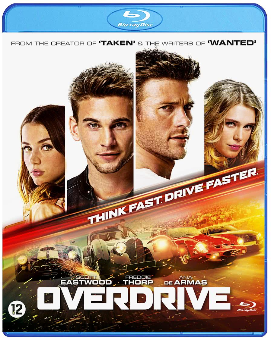 Boîtier Blu-ray Overdrive. Quatre personnes, des voitures et le titre sont affichés sur la couverture.