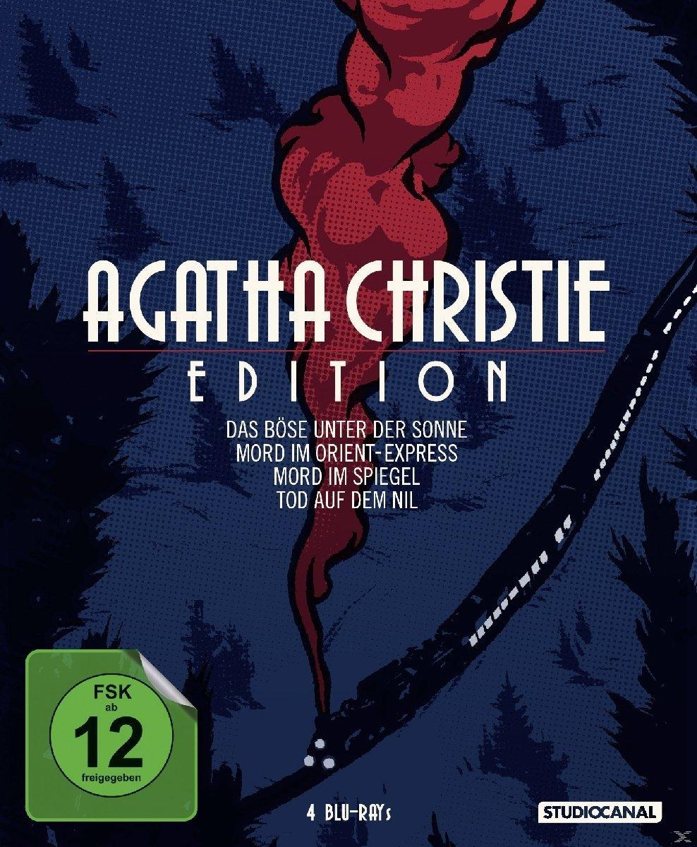 DVD-Cover: Agatha Christie Edition. Titel der Romane. Rotes abstraktes Design.