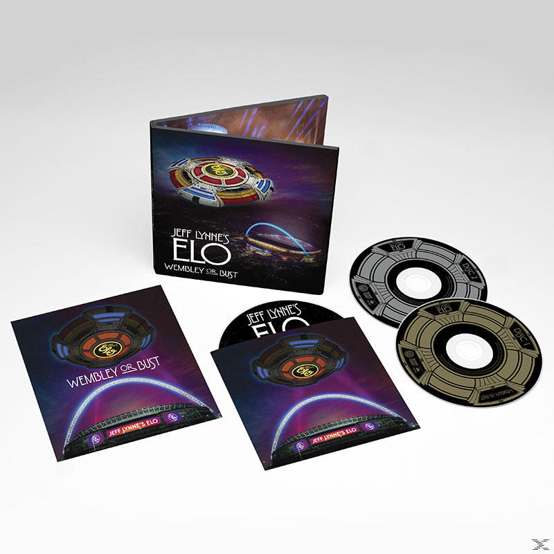 Coffret CD avec couvertures présentant un graphique de vaisseau spatial et le texte "JEFF LYNNE'S ELO WEMBLEY OR BUST".