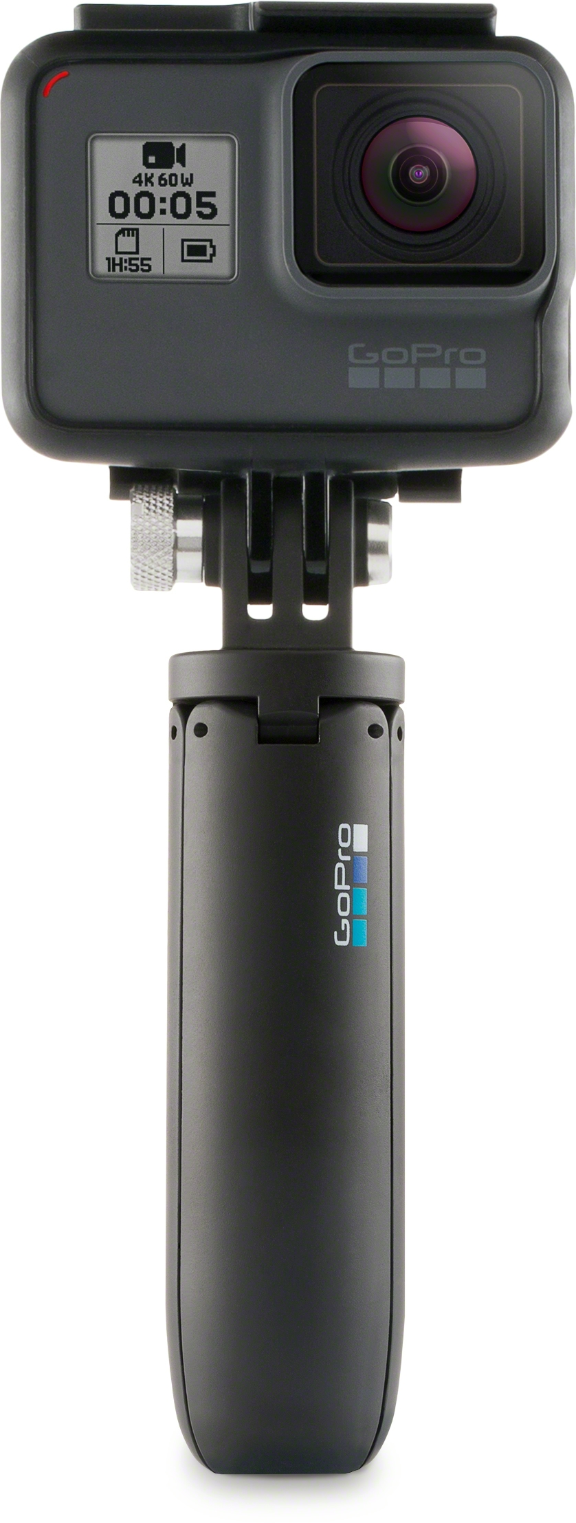 GoPro camera mounted on a black handle. The camera displays the screen and some buttons.