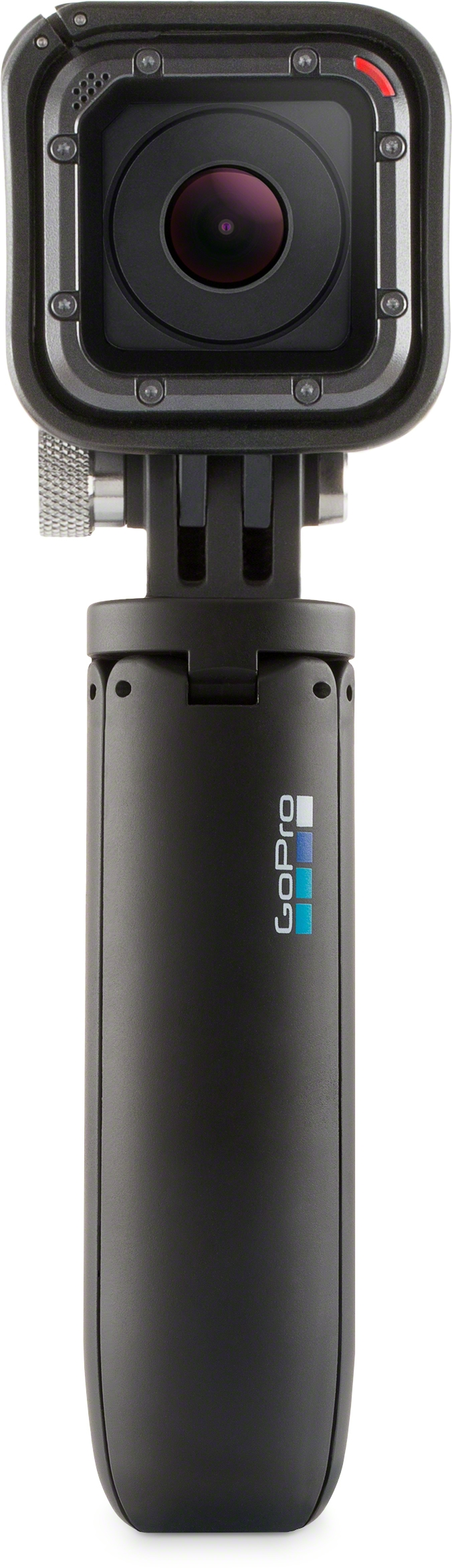 Black GoPro camera with a handle. It features a lens and a red light.