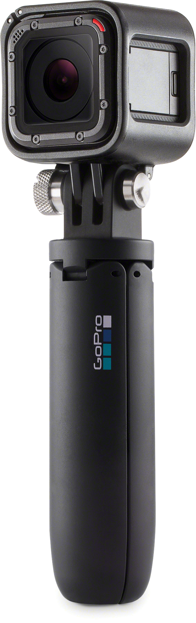 GoPro camera on a black handle. Black and silver design. White background.  Ready for use.
