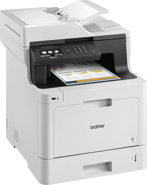 Witte printer met een document dat wordt afgedrukt, met een bedieningspaneel en het Brother-logo.