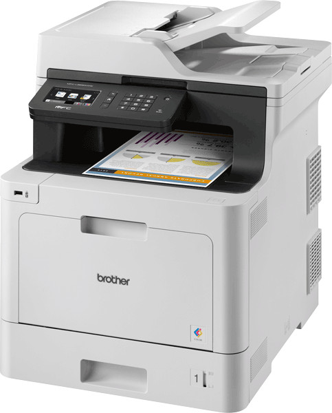 Een witte Brother-printer met een open bovenkant. Er zit een papier met een grafiek in. Het kleurensymbool is zichtbaar.