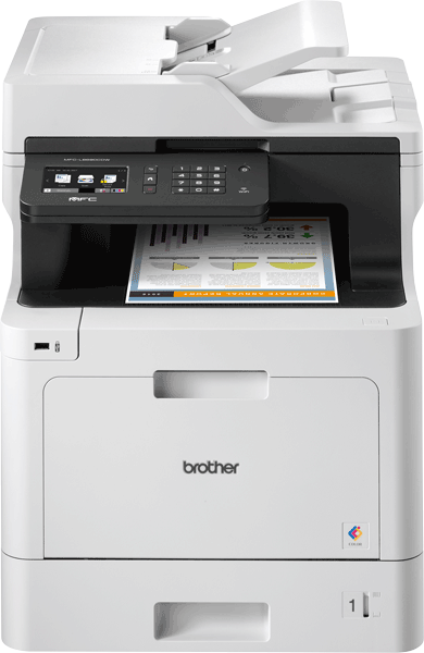 Witte en zwarte Brother-printer met een document op de uitvoerlade.