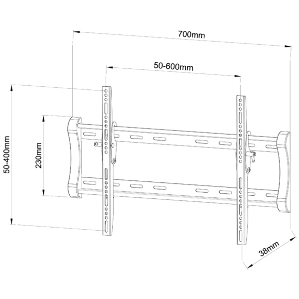 Diagramm mit Maßen einer TV-Wandhalterung. Die Halterung ist schwarz und hat mehrere Löcher.