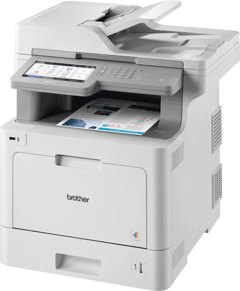 White and gray Brother multifunction printer, with paper output and control panel.