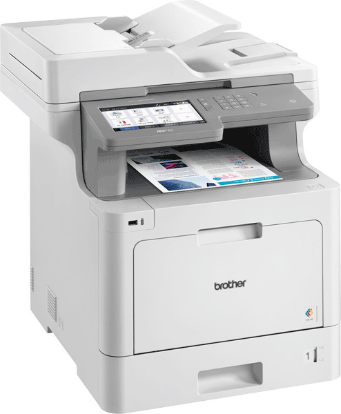 White and gray printer. It has a screen and is printing a document.