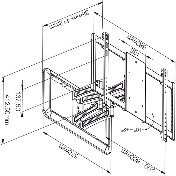 Diagramm einer TV-Halterung mit Abmessungen und Winkeln für die Installation auf weißem Hintergrund.
