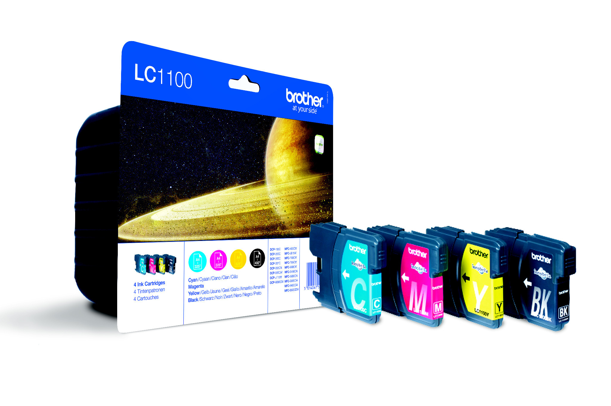 Brother Tintenpatronen in einer Box. Cyan, Magenta, Gelb und Schwarz.