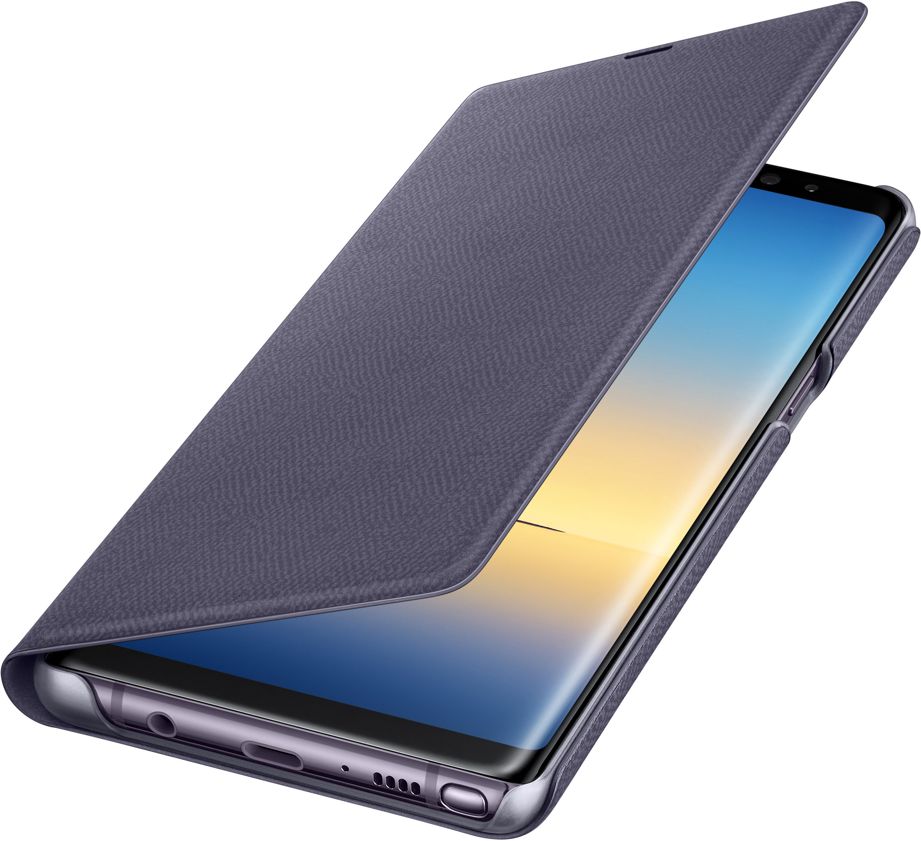 Smartphone in einer blauen Hülle, teilweise geöffnet. Der Bildschirm ist sichtbar.