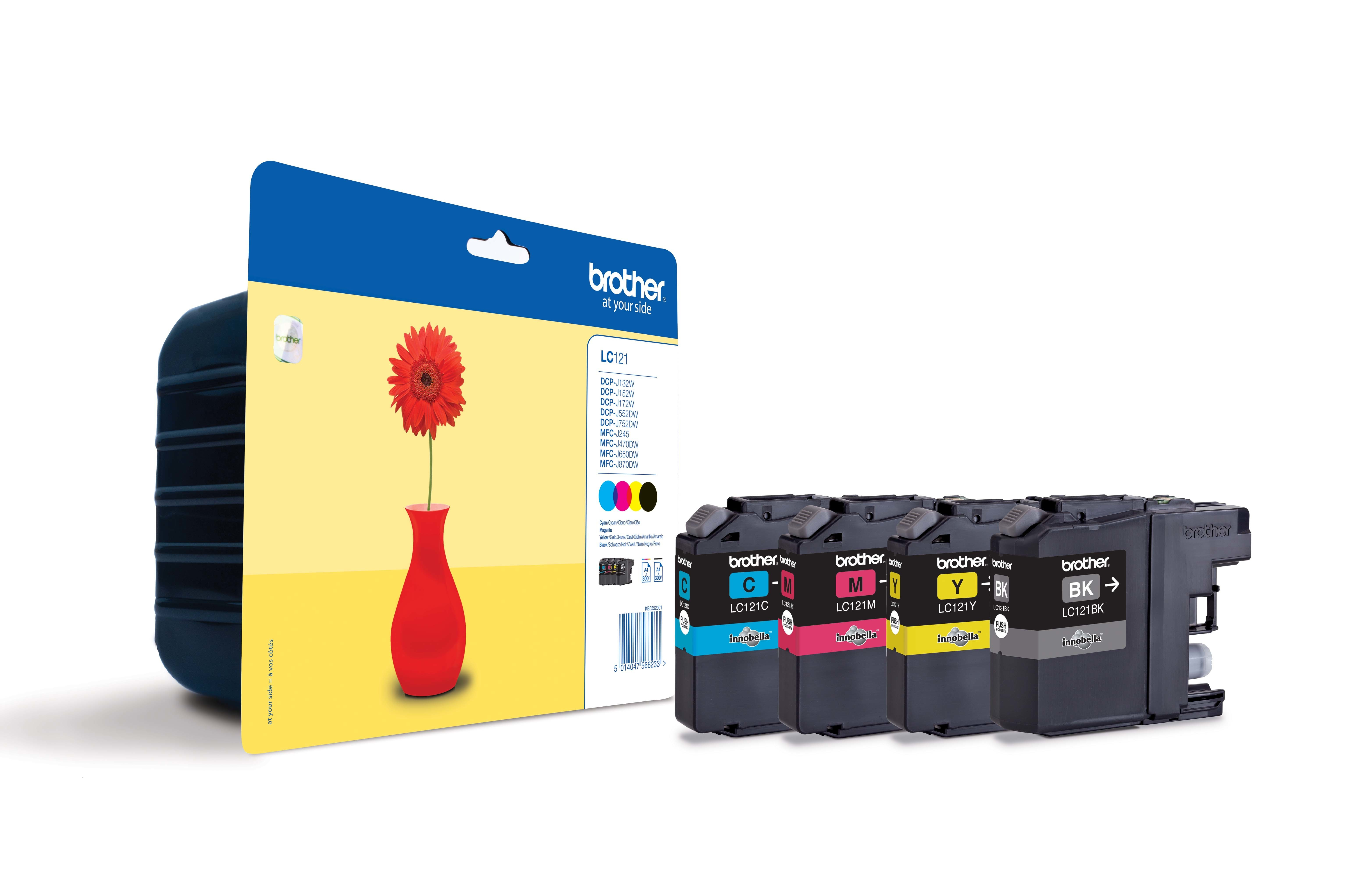 Brother-Tintenpatronen in den Farben C, M, Y und BK, mit einer Verpackung, die eine Blume in einer Vase zeigt.