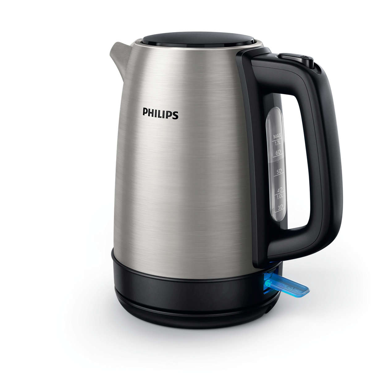 Stainless steel Philips electric kettle with a black handle and base, blue button.