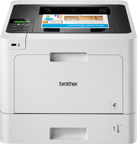 Imprimante Brother blanche. Un papier avec du texte est à l'intérieur. Contrôles et port USB à gauche.