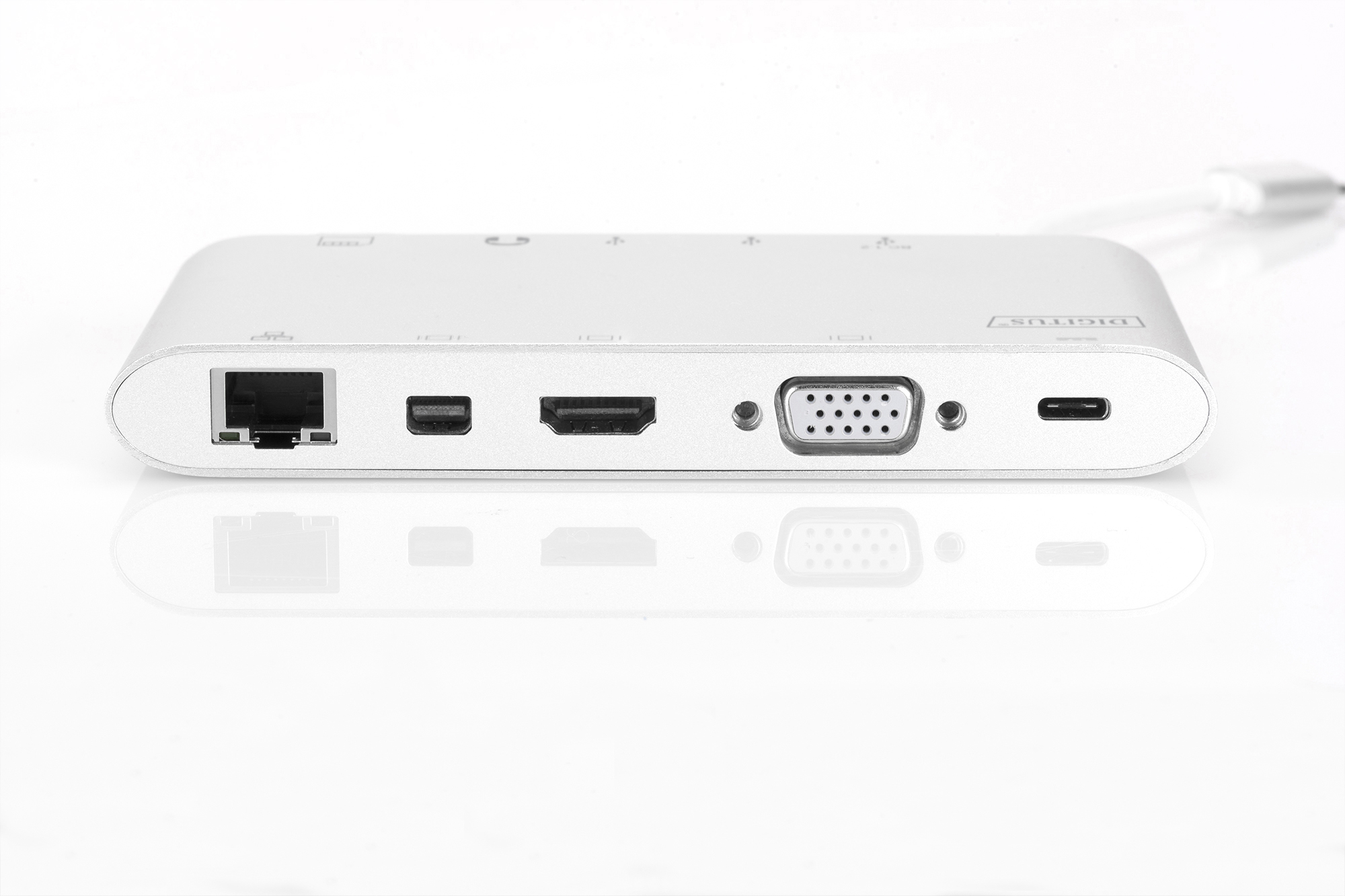 Ein silberner Hub mit Anschlüssen: Ethernet, Mini-Display, HDMI, VGA und USB-C.