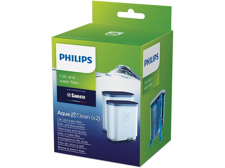 Zöld és fehér doboz 'PHILIPS' és 'Aqua Clean' feliratokkal, fehér vízszűrőket tartalmaz.