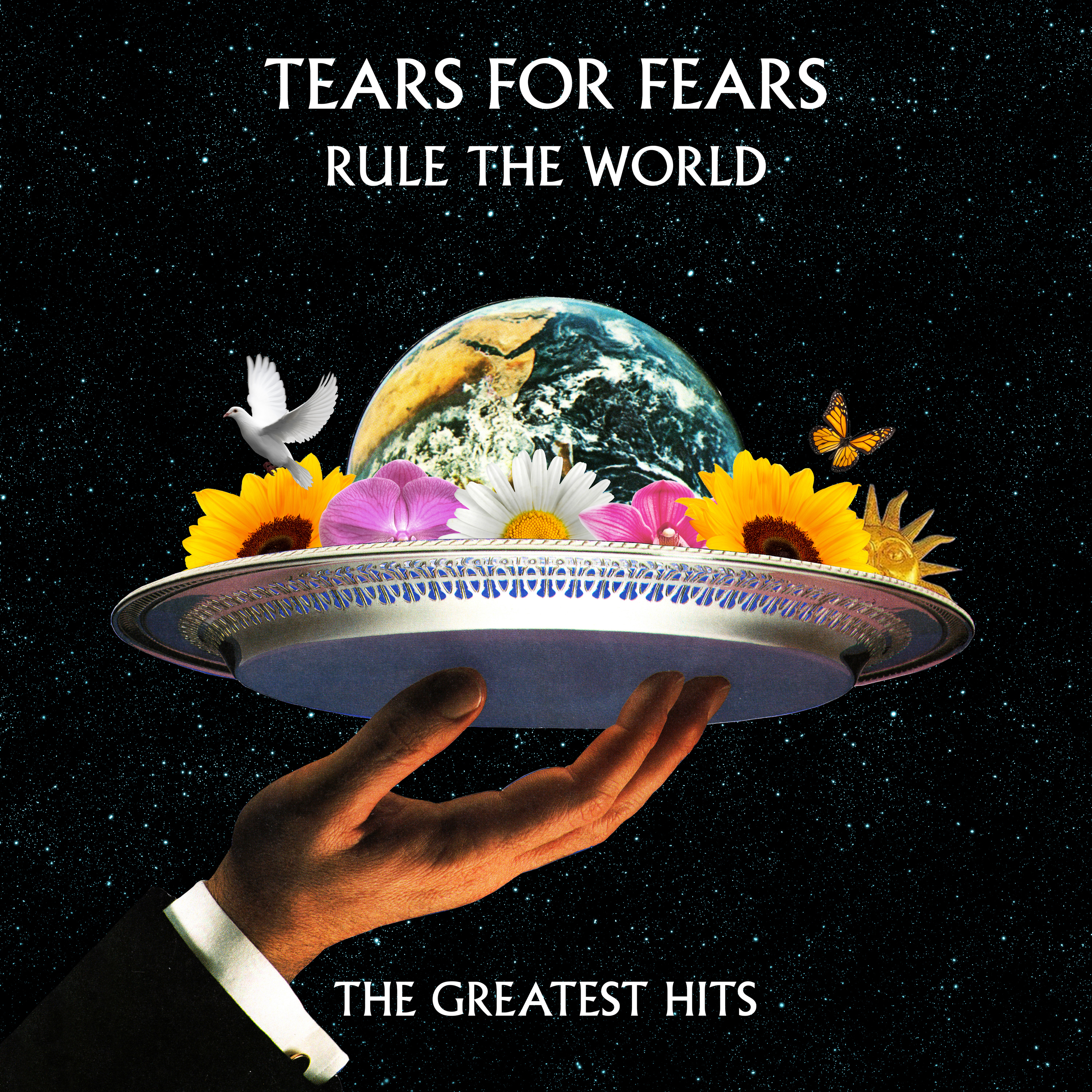 Albumcover: "Tears for Fears - Rule the World." Bild zeigt eine Hand, die eine Platte mit Erde, Blumen und einer Taube hält.