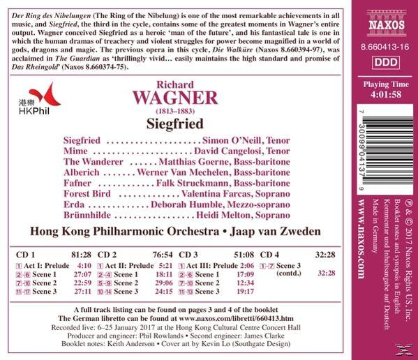 CD-Cover für Richard Wagners Siegfried. Zeigt Text und ein Logo mit rotem und weißem Design.