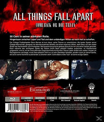 Rückseite einer DVD-Hülle von "All Things Fall Apart" mit rotem Hintergrund und Bildern des Films.