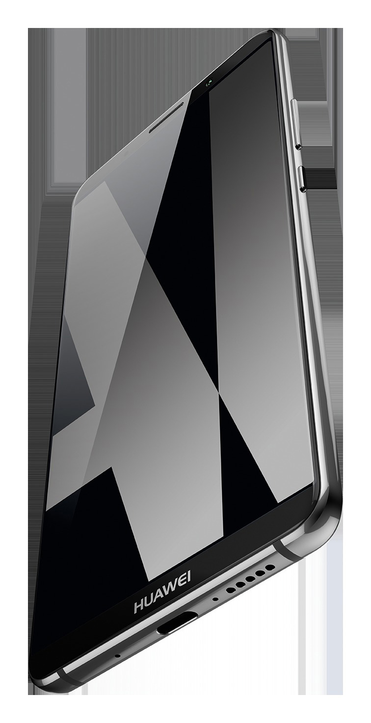 Ein geneigtes Huawei-Smartphone mit einem reflektierenden Bildschirm vor einem verschwommenen Hintergrund.