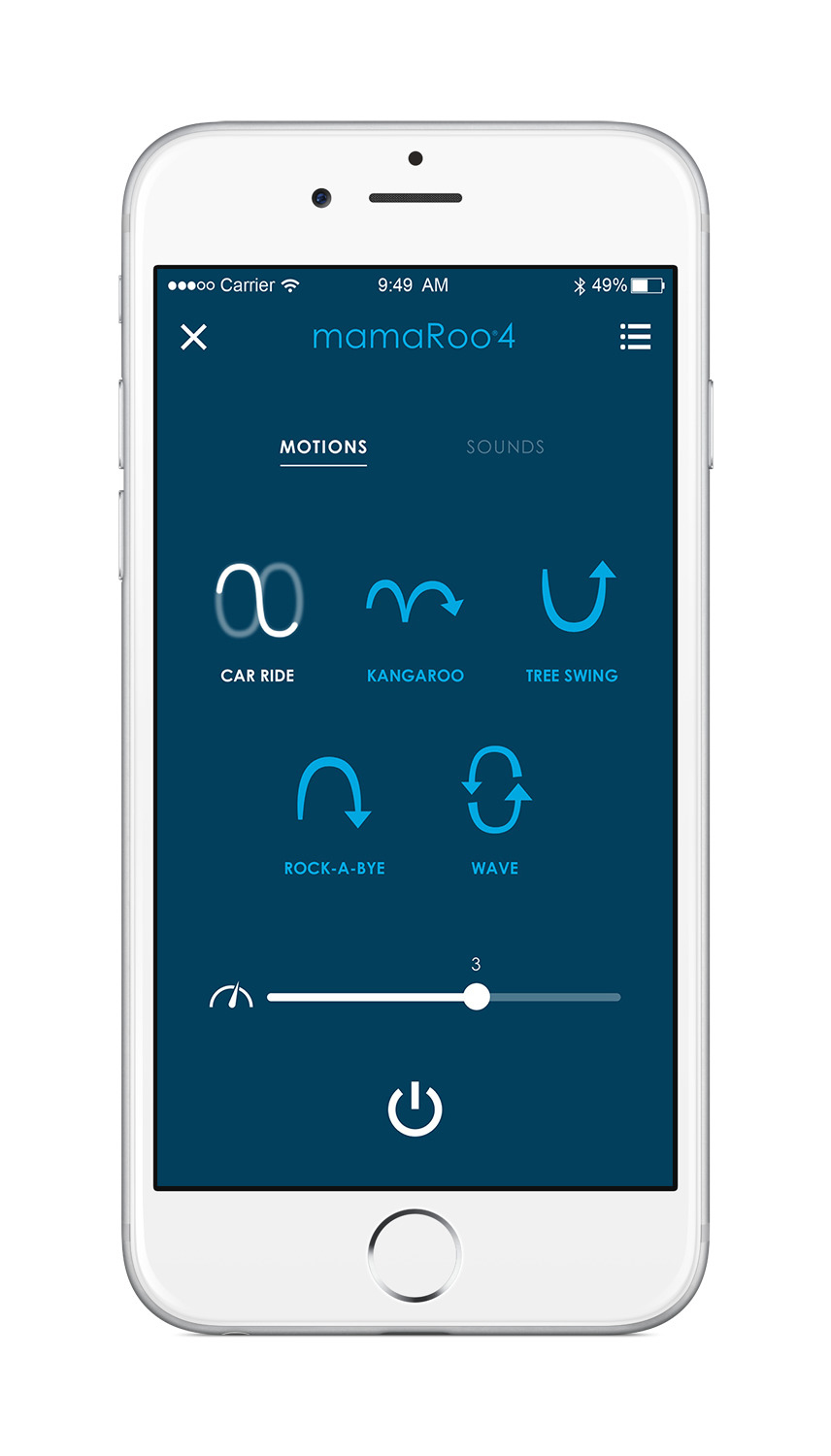 Weißes Smartphone mit geöffneter mamaRoo4-App.