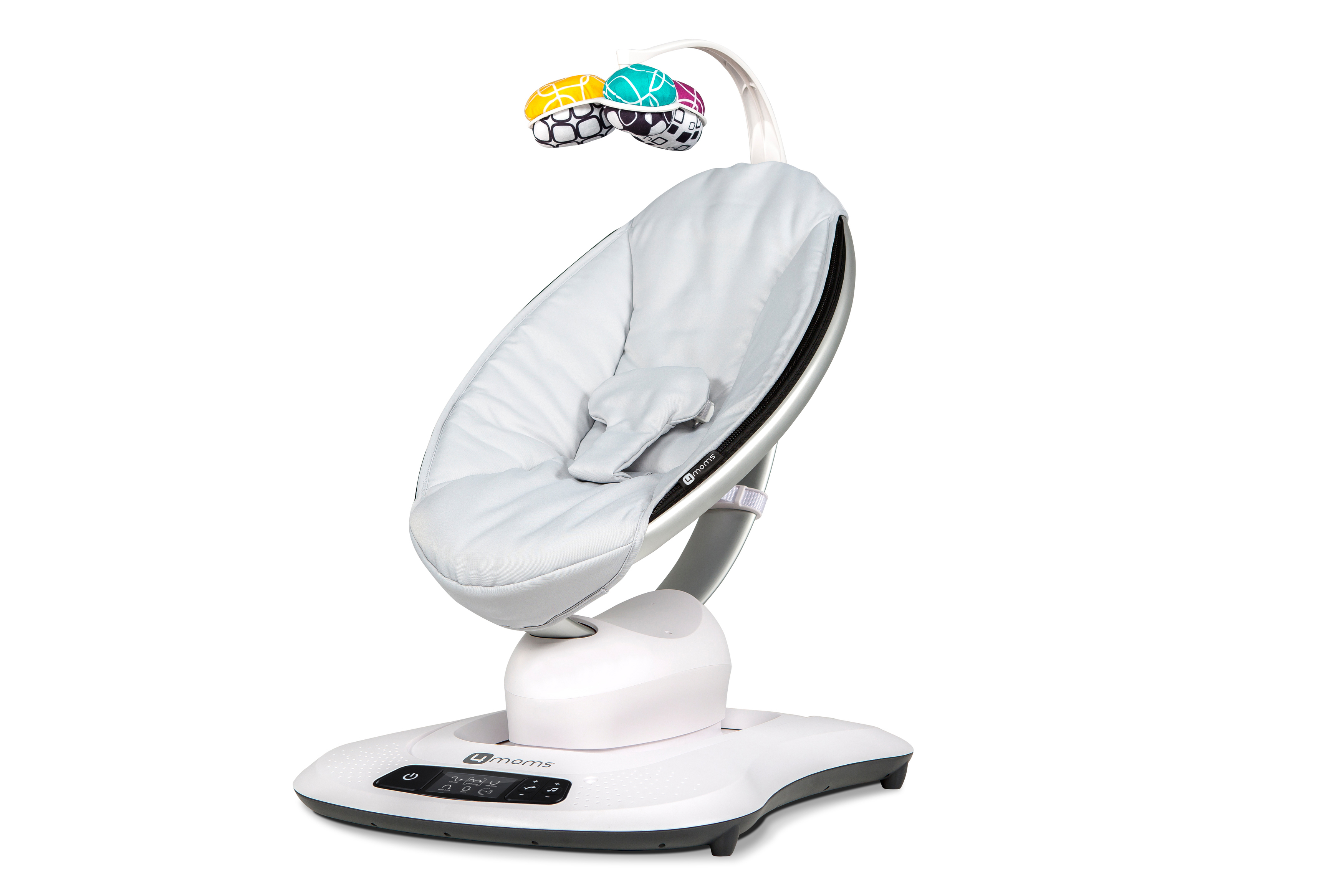 Eine weiße Babyschaukel mit grauem Sitz und bunten Spielzeugen. Die Basis ist weiß.
