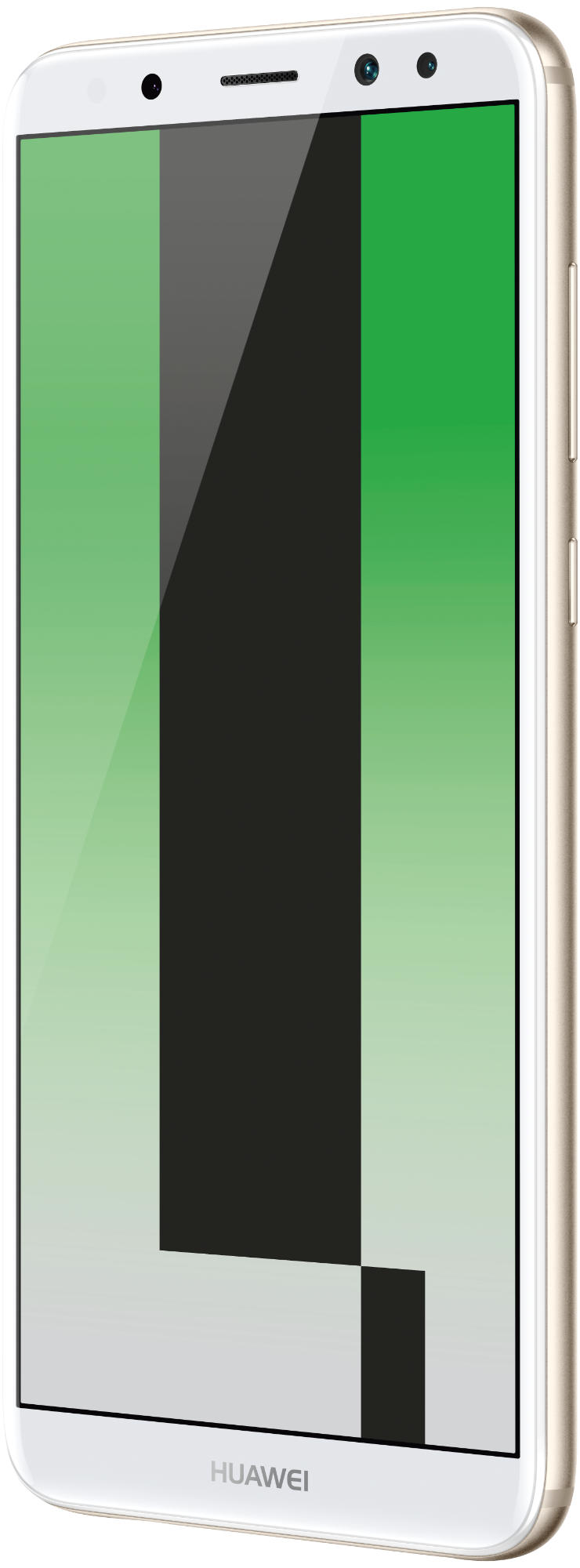 Weißes und goldenes Smartphone, grünes und schwarzes Display mit UI.