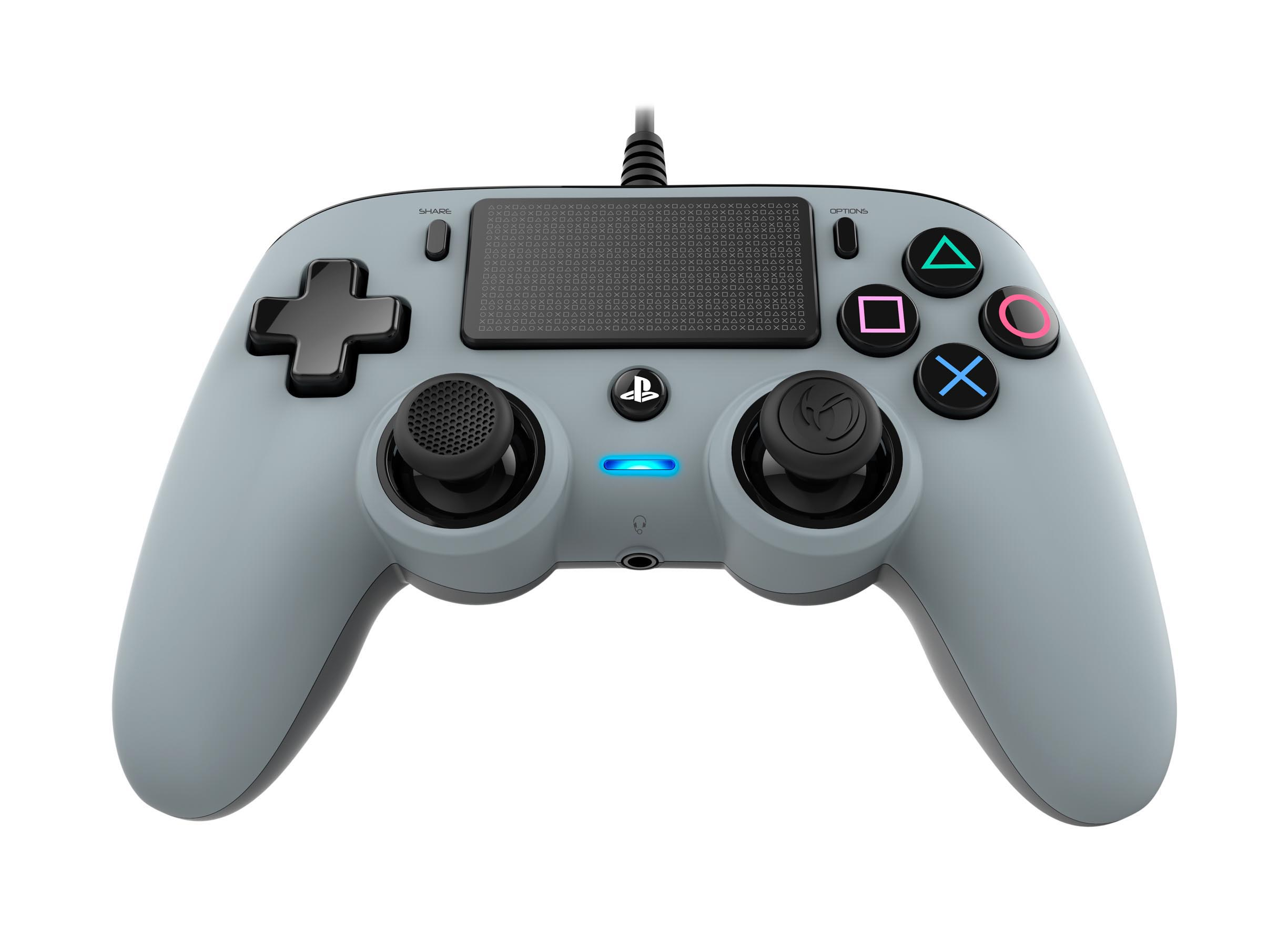 Grauer PlayStation 4 Controller mit Aktionstasten, Steuerkreuz, Joysticks, Share- und Options-Tasten.