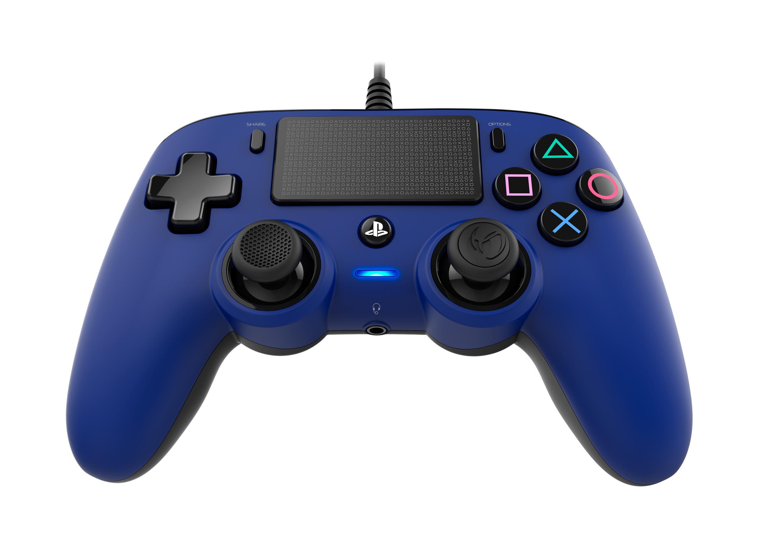 Blauer Gamecontroller für PlayStation. Hat Knöpfe und ein Kabel.