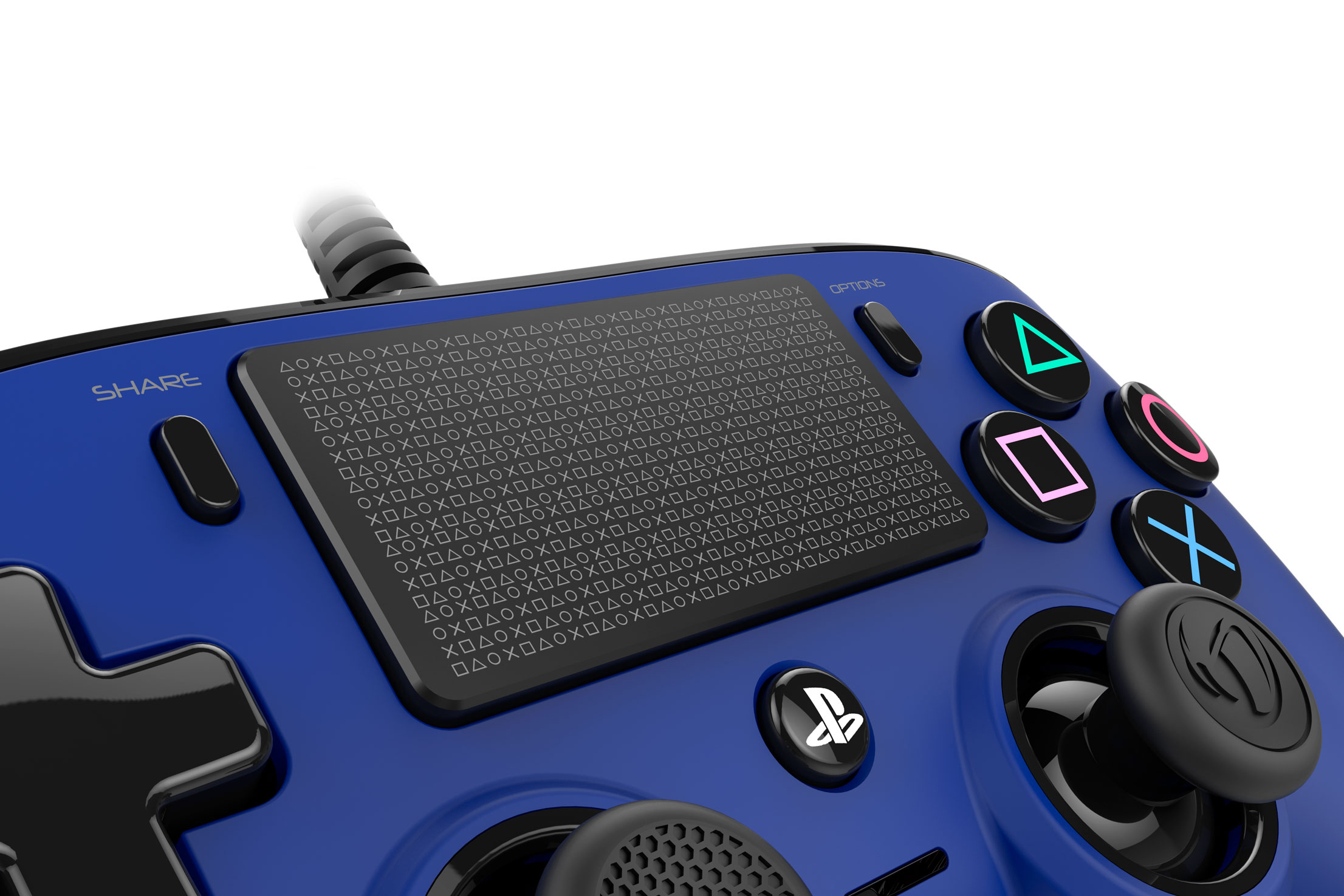 Blauer PlayStation-Controller mit Share-, Options- und Aktionstasten sowie einem Joystick.