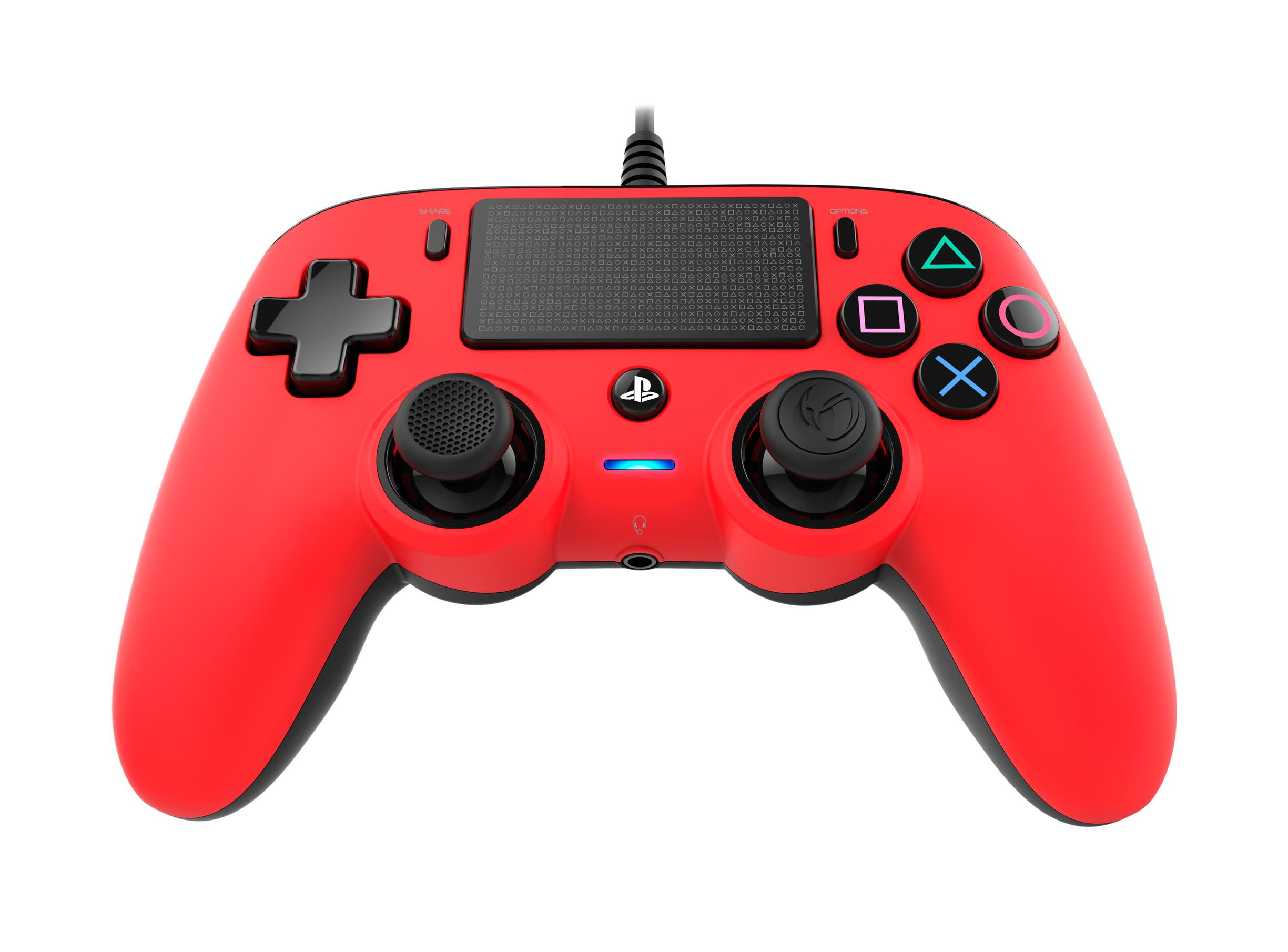 Roter PlayStation 4 Controller, schwarze Knöpfe und Joysticks. Inklusive Share-, Options- und PlayStation-Tasten.