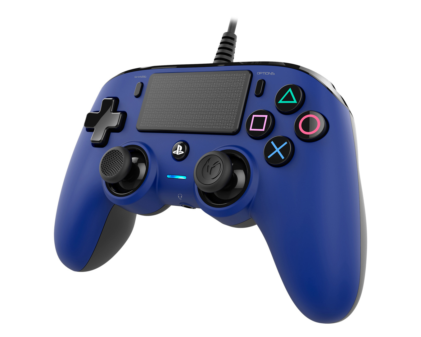 Blau-schwarzer Gamecontroller mit Knöpfen und Joysticks, mit Kabel.