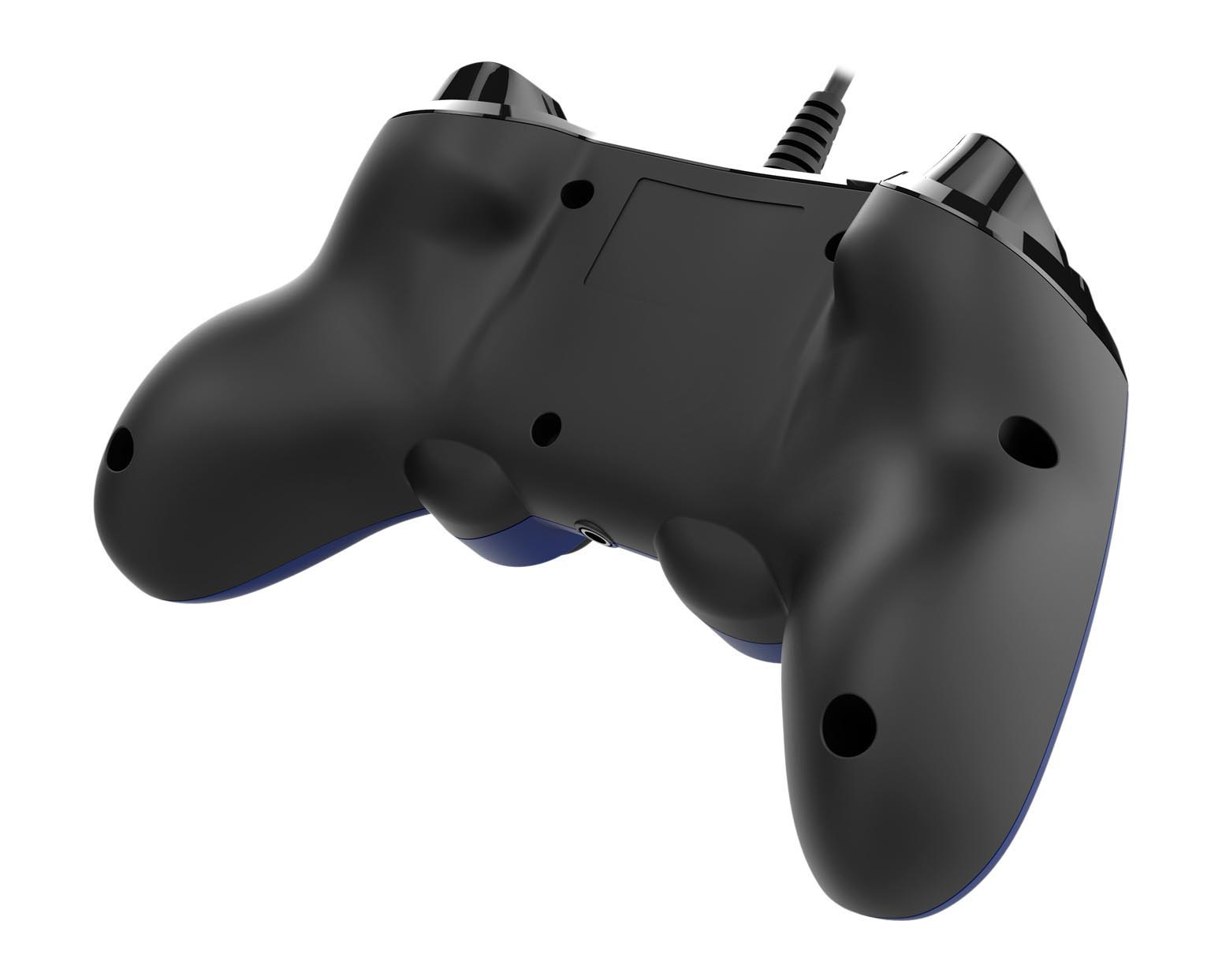 Die Unterseite eines schwarz-blauen Gamecontrollers. Es hat Knöpfe und ein Kabel, das oben herauskommt.